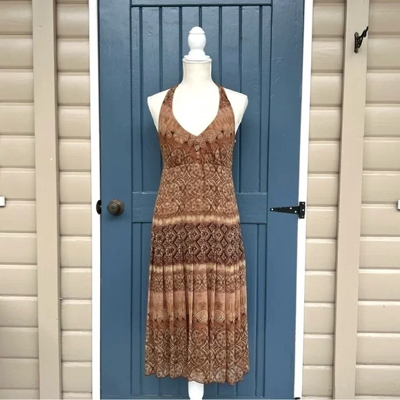 Vintage Halter Dress Boho Fall Earth-tone Women 
Size 4 Elegant Brown Patterned - Picture 2 of 6